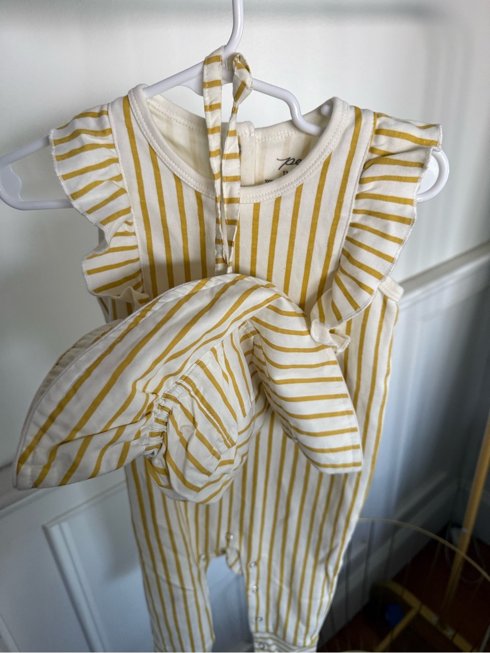 Pehr Striped Yellow & White Ruffle Baby Romper with matching Hat
